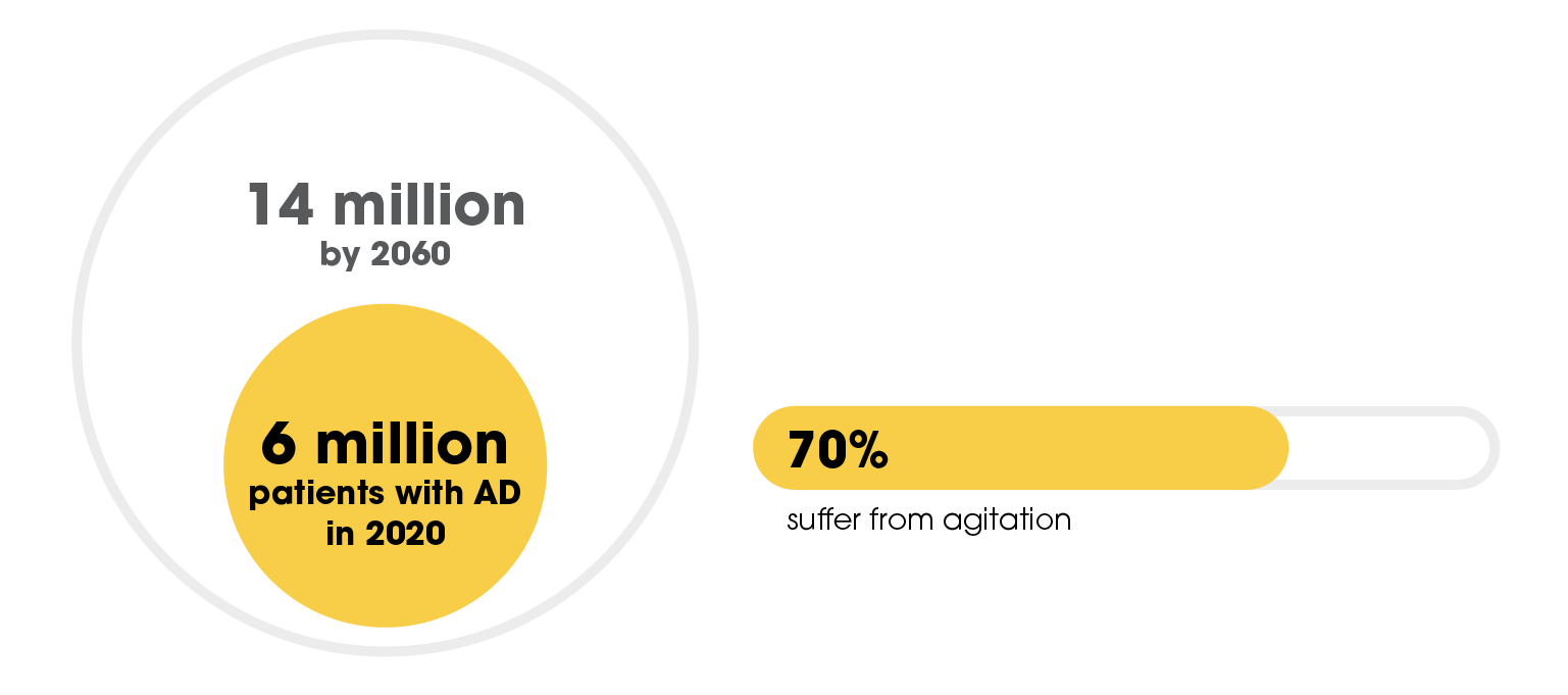 Of the 6 million patients with Alzheimer's Disease in 2020, 70% suffer from agitation