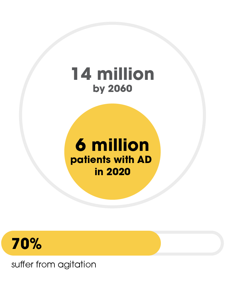 Of the 6 million patients with Alzheimer's Disease in 2020, 70% suffer from agitation