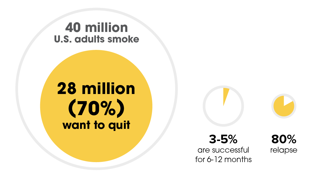 28 million smokers want to quit, 3 to 5% are successful for 6 to 12 months, 80% relapse