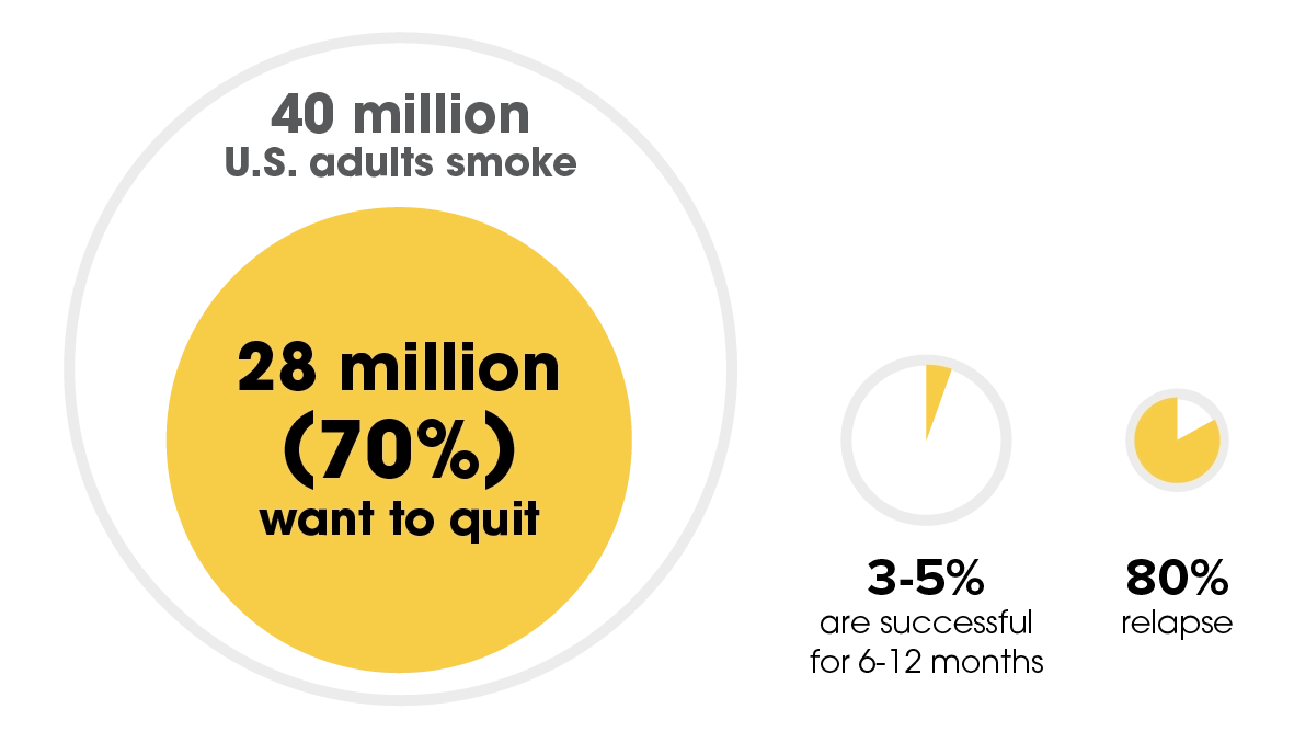 28 million smokers want to quit, 3 to 5% are successful for 6 to 12 months, 80% relapse